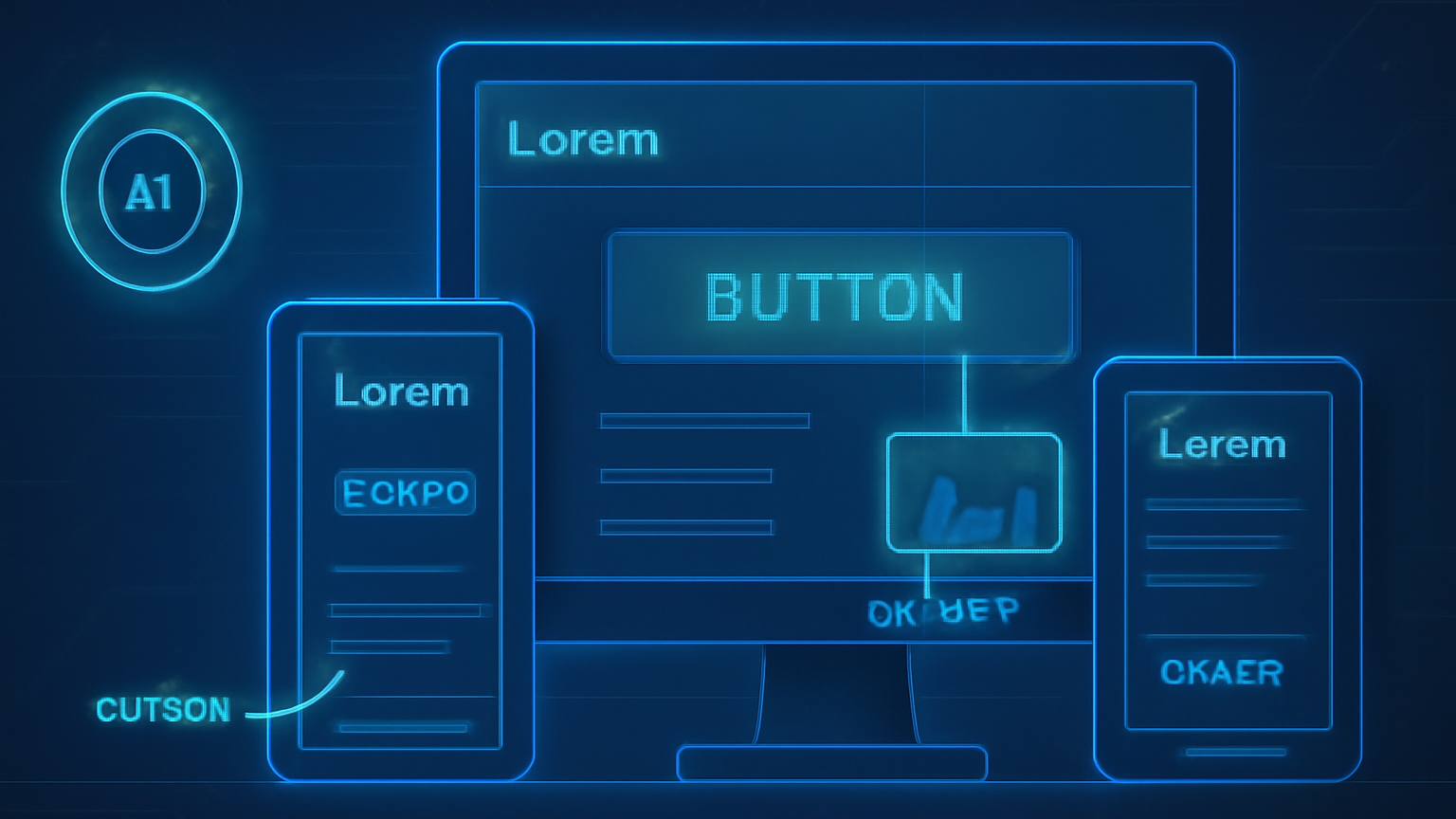 A futuristic AI interface scanning a complex app design on multiple devices (smartphone, desktop, tablet).