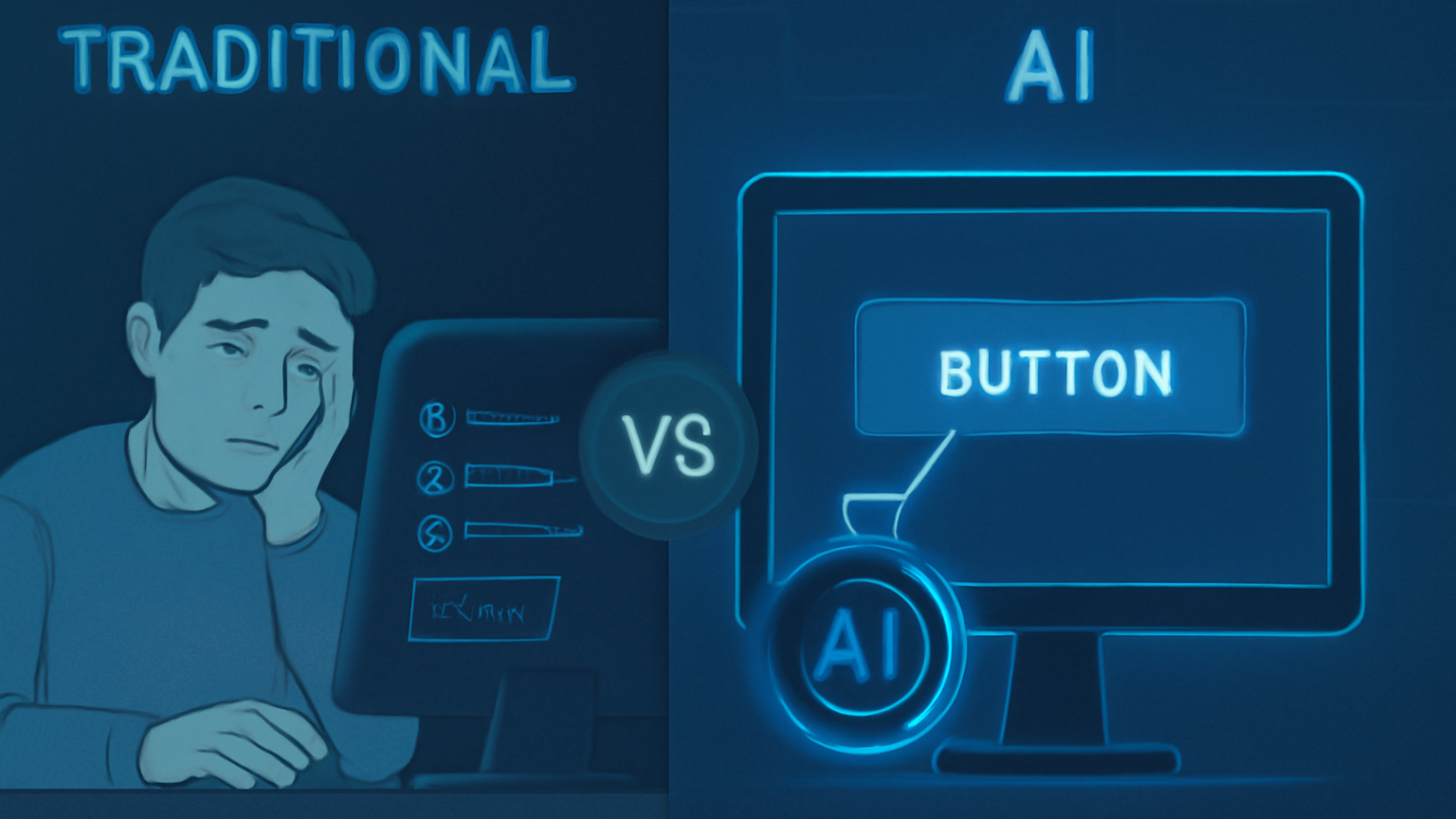 An illustration comparing traditional manual QA testing to AI-powered visual testing.