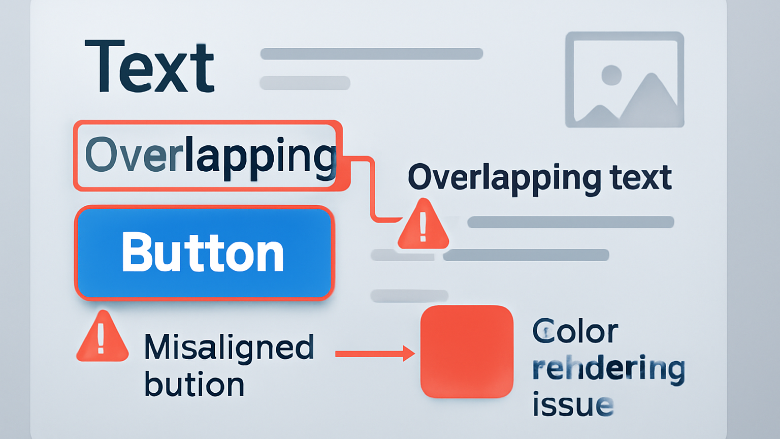 A UI screen showing a series of common design bugs, such as misaligned buttons, overlapping text, and incorrect color rendering.