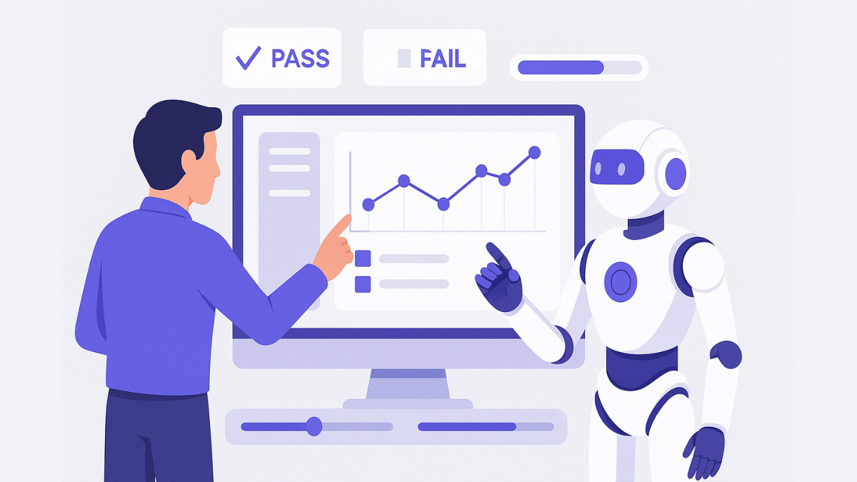 Illustration of a human tester and an AI robot collaborating on a software test dashboard. The human adjusts settings while the robot analyzes data