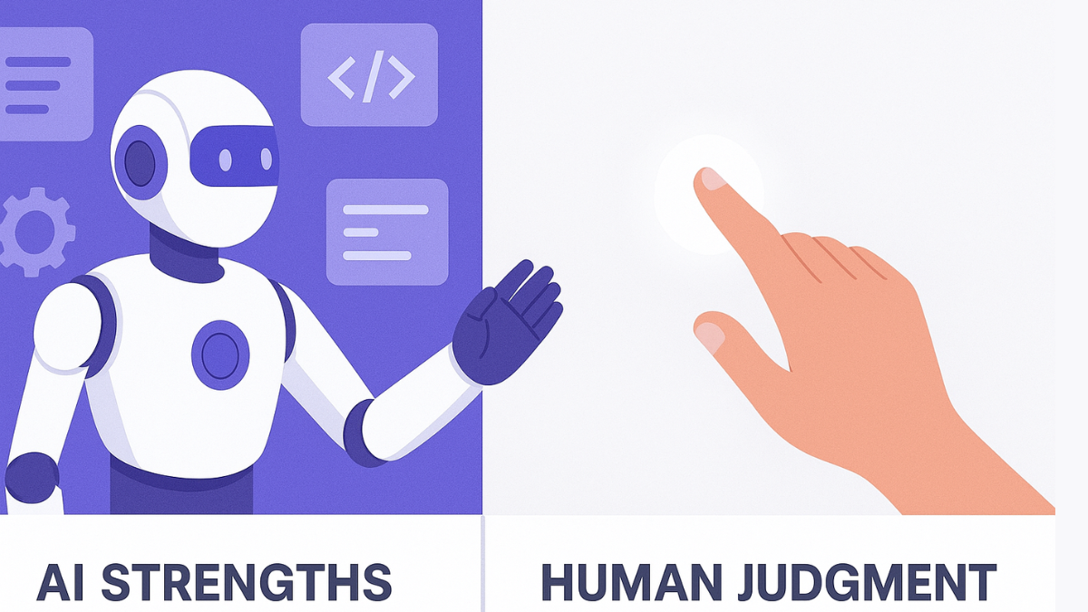 Split-concept visual showing “AI Strengths vs Human Judgment.” Left side: AI robot managing data, code, and test reports