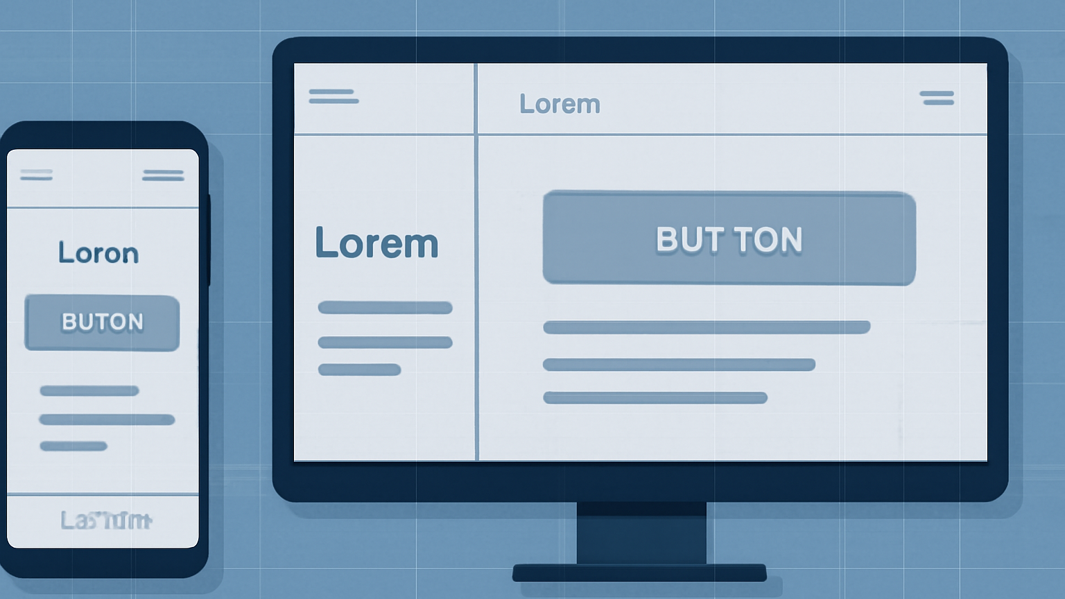A split-screen showcasing a mobile app, tablet, and desktop with identical UI design elements (buttons, menus, and text) displayed consistently across each device.