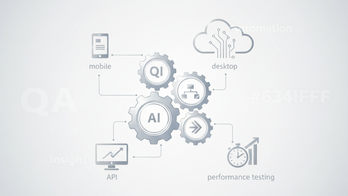 Visualization of a balanced ecosystem — AI gears and cloud circuits interlocking with human-driven workflows. Include icons for API, mobile, desktop, and performance testing connected by glowing lines